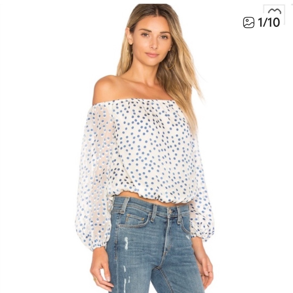 Lovers + Friends Blue Polka Dot Off-Shoulder Blouse